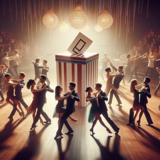Imagen generada por Inteligencia Artificial de una urna gigante rodeada por bailarines de tango (algunos con abrazos y extremidades raras).